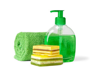 Isolated bathroom objects. Handmade soap, bottle of liquid soap and towel isolated on white background