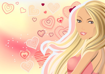Naklejka na ściany i meble Beautiful blond on pink background with hearts
