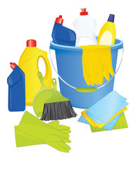 Plastic bucket with cleaning supplies, vector