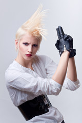 attractive blond girl with gun
