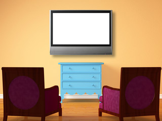 Two chairs opposite blue bedside with lcd TV in orange interior