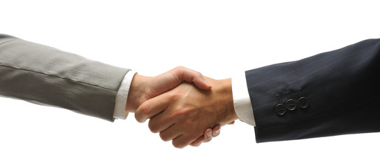 Hand shake of a businessman and a businesswoman isolated.