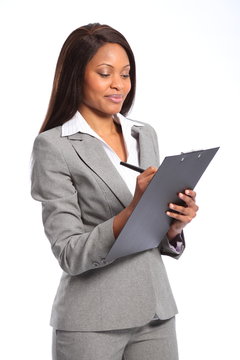 Beautiful black business woman with clipboard