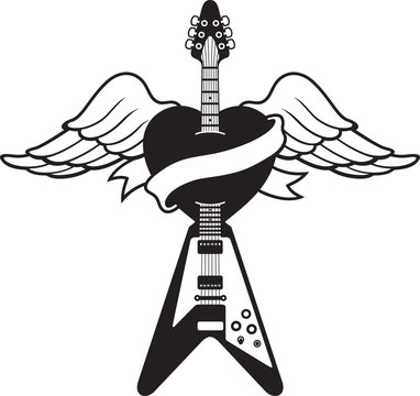 Tattoo-Style Heart and Guitar, Simplified Black and White