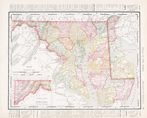 Fototapeta na wymiar Antique Vintage Kolor Mapa Maryland i Delaware, USA