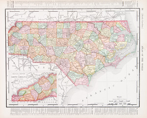 Antique Vintage Color Map of North Carolina NC United States USA - 29035608