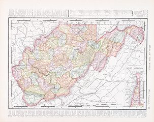 Fototapeta na wymiar Antique Vintage Mapa kolorów z Zachodniej Wirginii, WV stanach USA USA