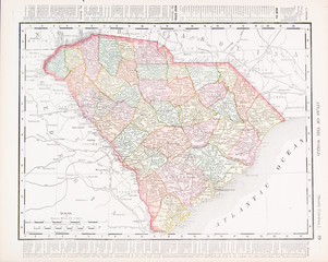 Antique Vintage Color Map South Carolina, SC, United States USA