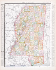 Antique Vintage Color Map of Mississippi, MS, United States, USA