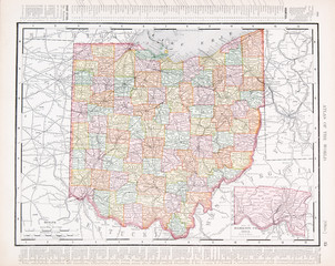 Antique Vintage Color Map of Ohio, OH, United States USA - obrazy, fototapety, plakaty