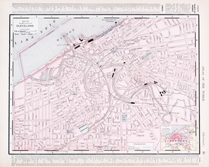 Detailed Vintage Color Street City Map Cleveland, Ohio, OH, USA