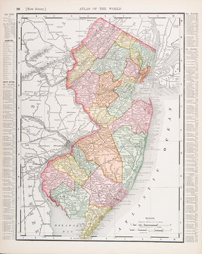 Antique Vintage Color Map of New Jersey, United States, USA
