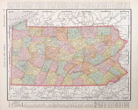Antique Vintage Color Map of Pennsylvania, PA United State USA