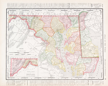 Antique Vintage Color Map of Maryland and Delaware, USA