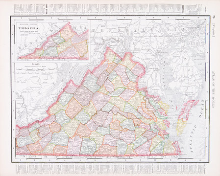 Antique Vintage Color Map of Virginia, VA, United States, USA