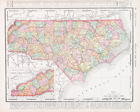 Antique Vintage Color Map of North Carolina NC United States USA