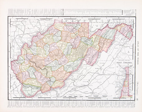 Antique Vintage Color Map of West Virginia, WV United Sates USA