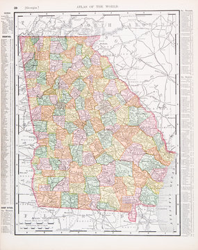 Antique Vintage Color Map of Georgia, GA, United States, USA