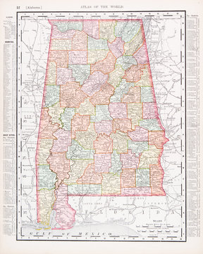 Antique Vintage Color Map of Alabama, AL, United States, USA