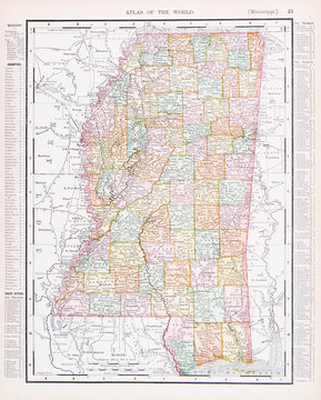 Antique Vintage Color Map of Mississippi, MS, United States, USA