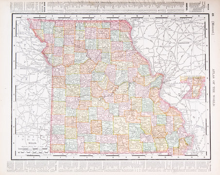 Antique Vintage Color Map of Missouri, MO, United States, USA