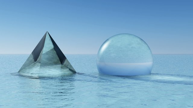 Pyramide, Kugel, Wasser und Wellenbewegung