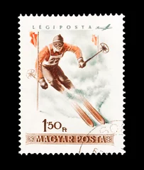 Rolgordijnen mail stamp printed in Hungary featuring slalom skiing © Steve Mann