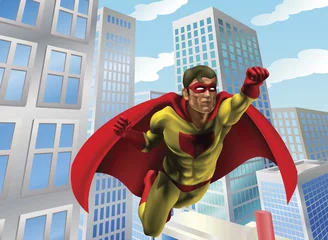 Fotobehang Superhelden Superheld vliegt door de stad