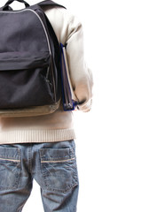 back of student with rucksack isolated on white background
