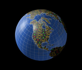 North American economies with stock market tickers on globe