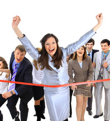 Businesspeople crossing the finish line .