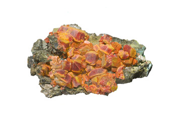 Red realgar crystals with orpiment on white, arsenic mineral.