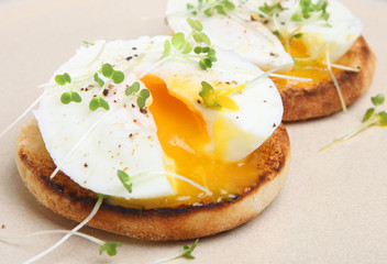 Poached Eggs on Toasted English Muffin - obrazy, fototapety, plakaty