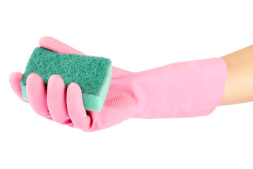 Hand in rubber glove holding a kitchen sponge