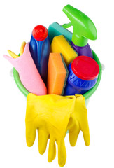 bucket with cleaning articles from above