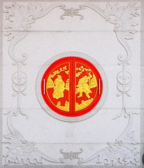 Traditional Chinese window. Stone and wood carve.