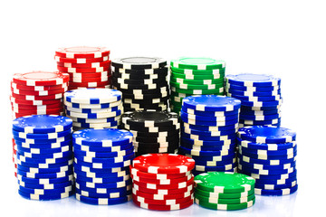 Stacks of poker chips  on a white background