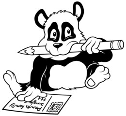 Panda and Postcard - Black and White Cartoon illustration