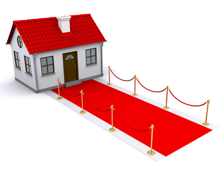 small house with red roof and red carpet