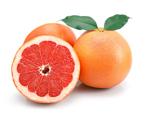 Grapefruit fruits with cuts and green leaf isolated