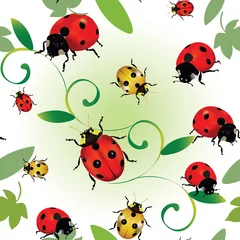 Tuinposter Naadloos kleurrijk patroon met lieveheersbeestjes en bladeren © ntnt