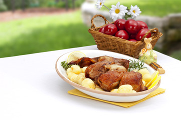 easter decorated table with lamb and potatos plate - 29072018