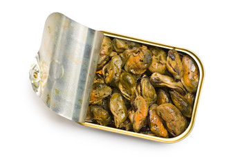 smoked mussels in opened tin can