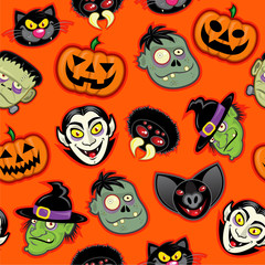 Halloween Characters vector pattern in orange background