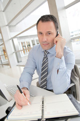 Businessman on the phone writing on agenda