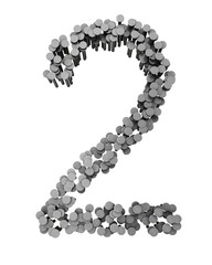 Alphabet made from hammered nails isolated, number 2