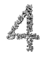 Alphabet made from hammered nails isolated, number 4