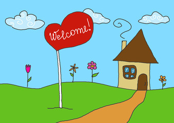 welcome plate in the house love hand-drawn