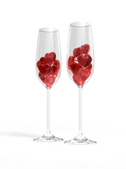 Red hearts in champagne glasses