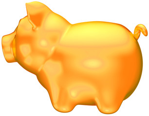 Golden piggy bank side view isolated
